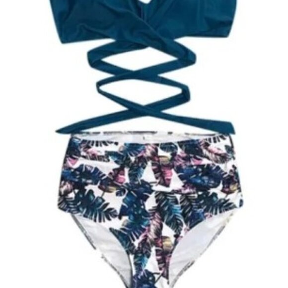CRISS CROSS TROPICAL TWO-PIECE SEXY HIGH WAIST SWIMSUIT - Picture 7 of 12